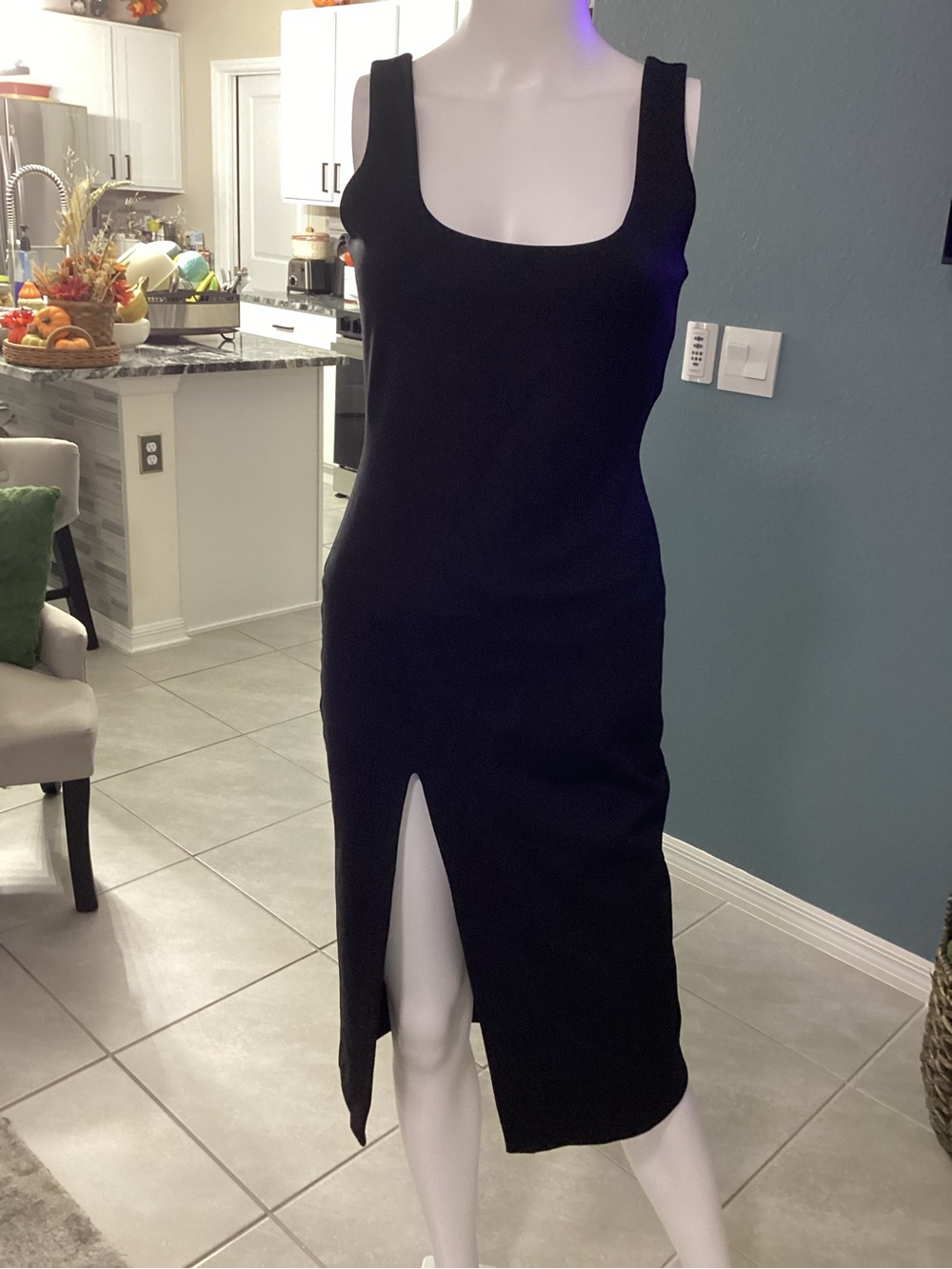 NBD Black Square Neck Midi Dress Front Slit Size S New